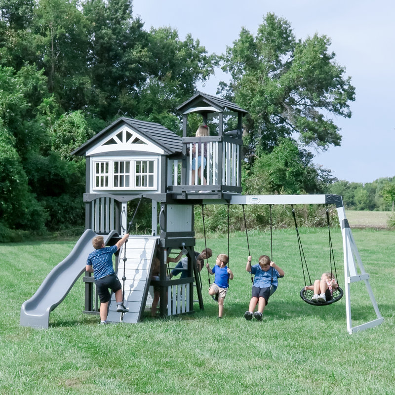Whispering Point White and Gray Cedar Wooden Swing Set with Wave Slide