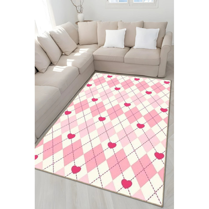 Tapis décoratif moderne à motif de cœur rayé rose, Rectangle 2 pi 4 po x 4 pi