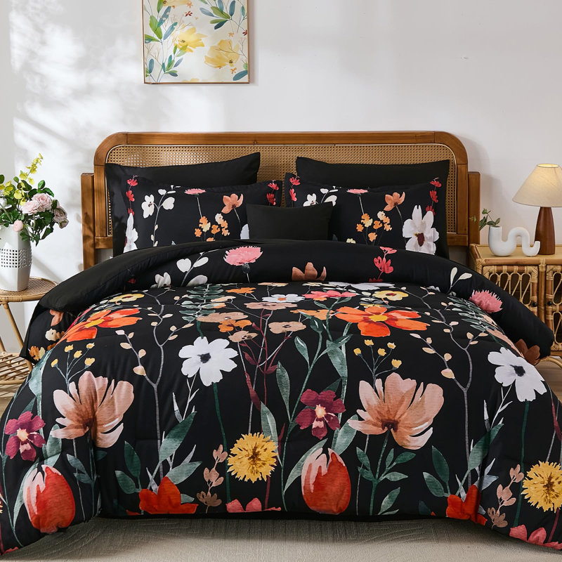 Ensemble d'édredon 8 pièces avec draps et taies d'oreiller, Noir, Édredon grand + 7 articles supplémentaires