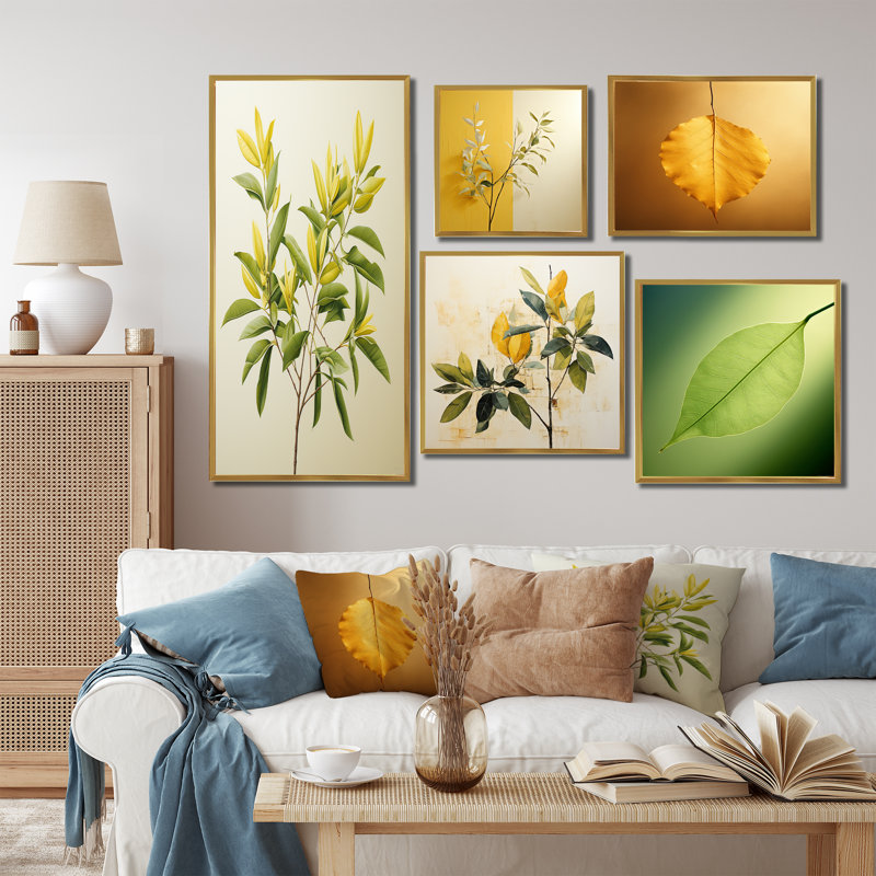 Feuilles vertes en minimalisme I - ensemble de 5 impressions sur feuilles, Cadre flottant doré