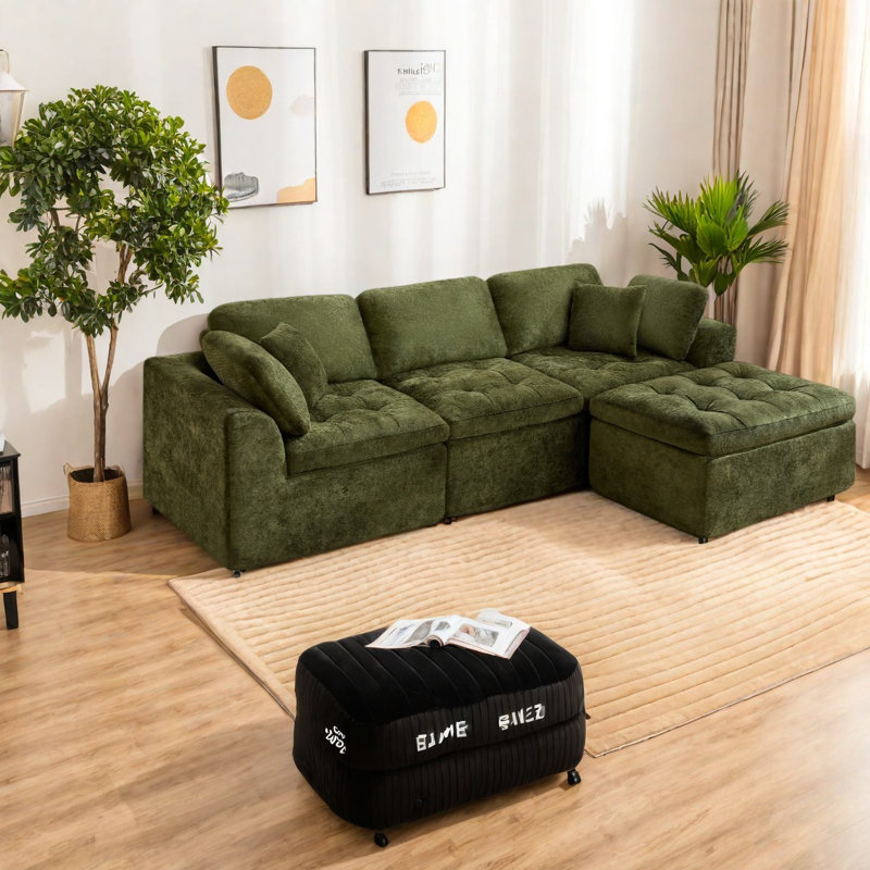 Canapé modulaire spacieux, chenille verte, confort moderne pour la maison