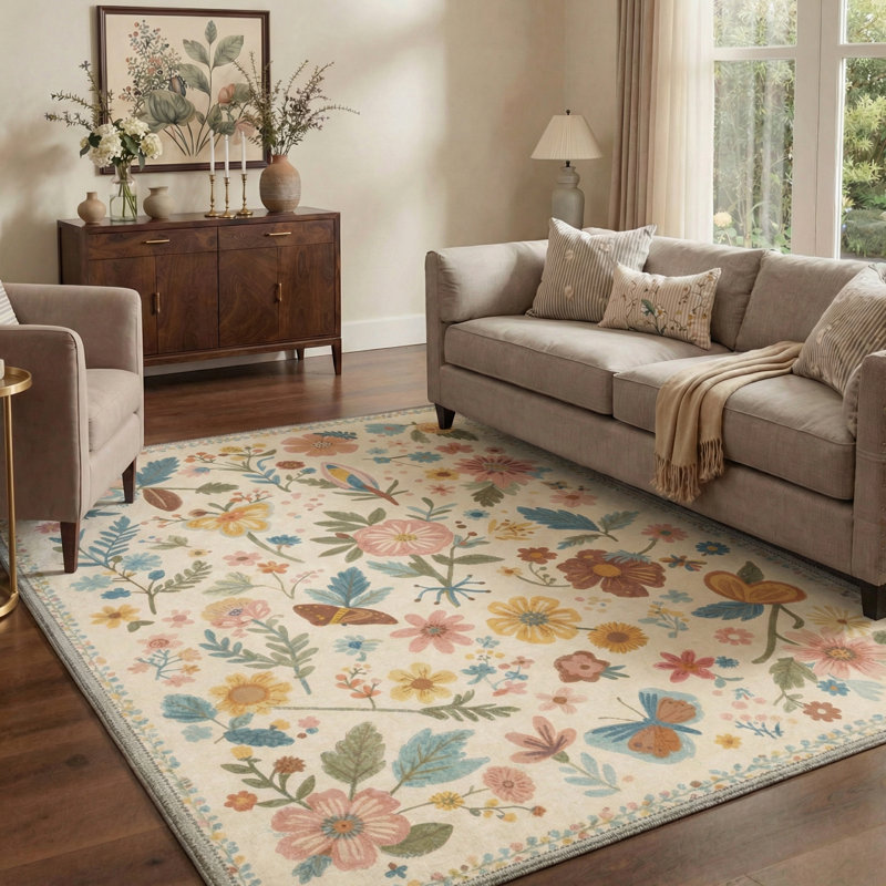 Tapis d'intérieur beige lavable à la machine Acker Verdure, Rectangulaire 8 pi x 10 pi
