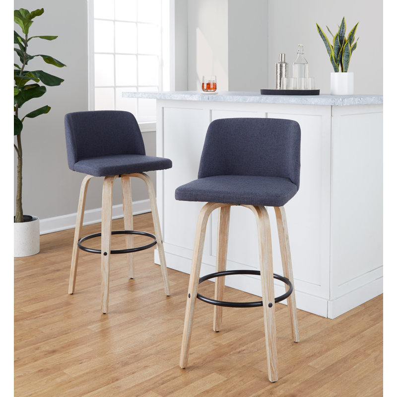 Thea 30" Fixed-Height Bar Stools with Bent Wood Legs & Round Footrest, Natural/Chrome, Blue Polyester Blend