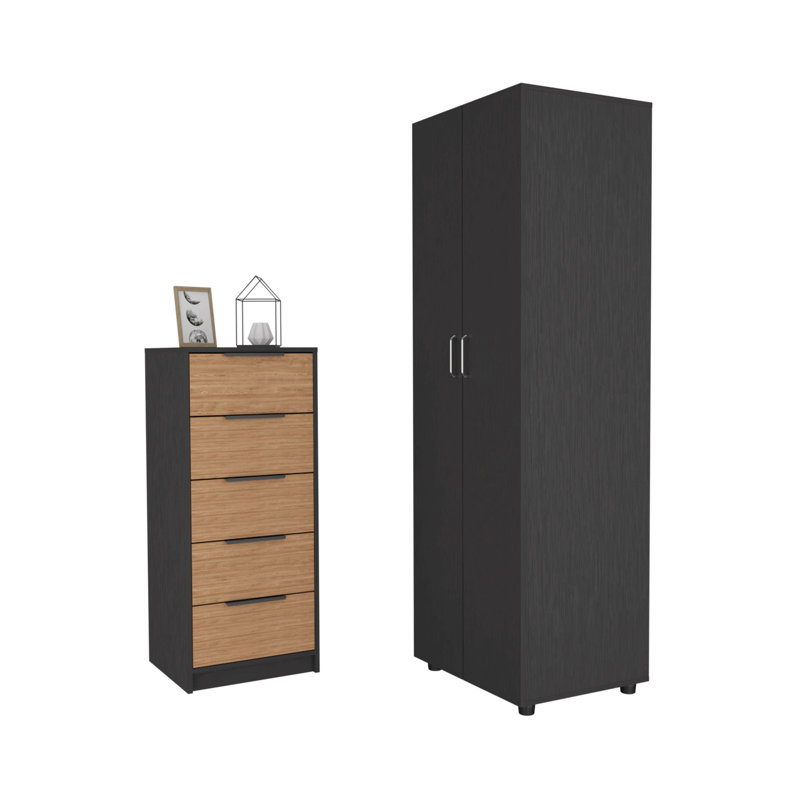 Ensemble de chambre à coucher 2 pièces, armoire + commode 5 tiroirs, noir / chêne clair