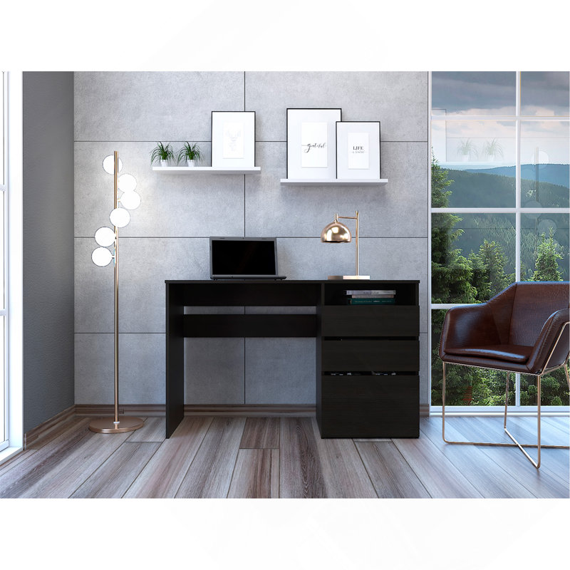 Dublin Three Drawer Computer Desk, One Shelf -Black, Black