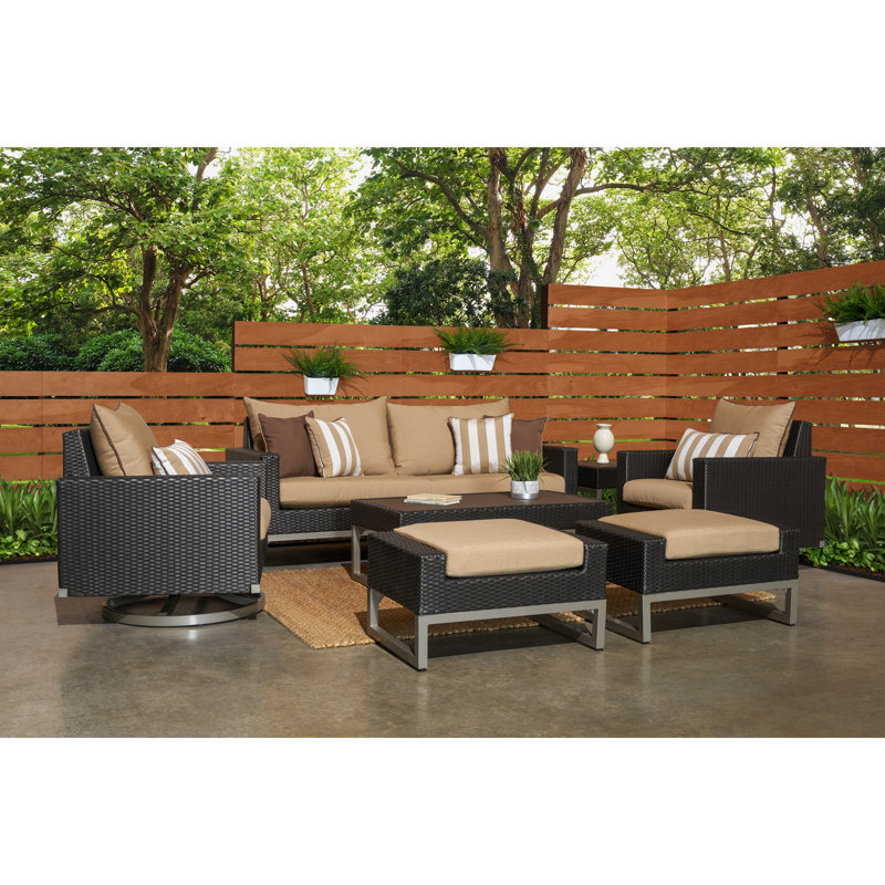 Milo Motion 7 Piece Rattan Sunbrella Sofa Set with Cushions, Brown, Canvas Heather Beige Sunbrella® Canvas