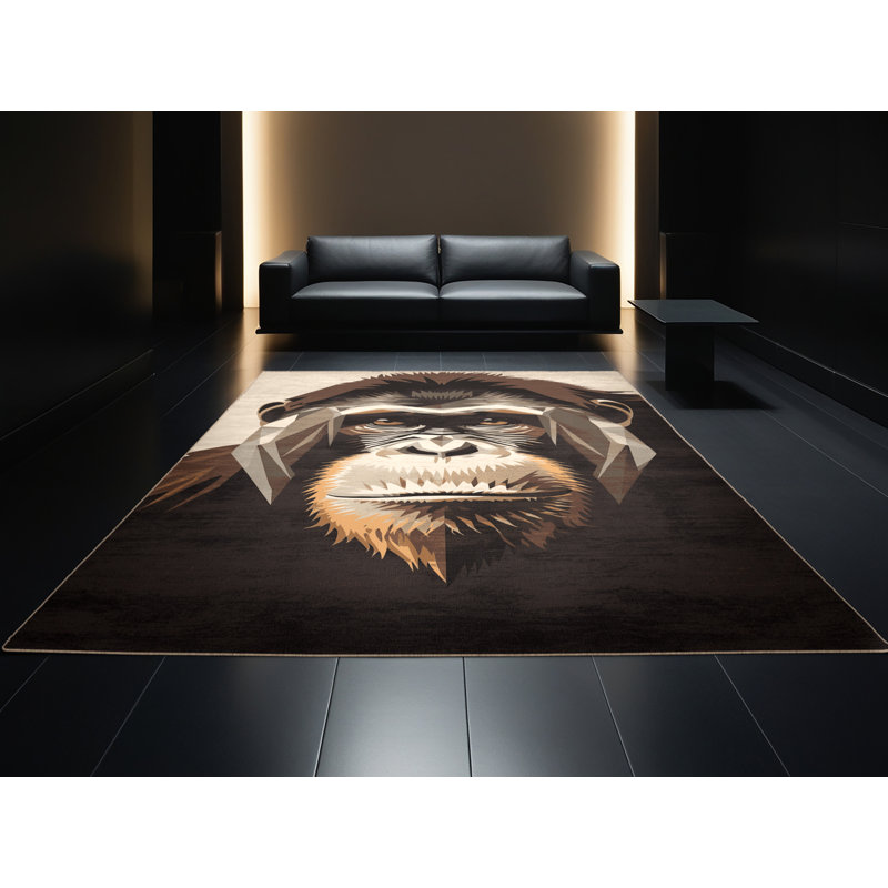 Machine Washable Pavli Orangutan Modern Geometric Rug in Brown – Beige Binding, 2x3