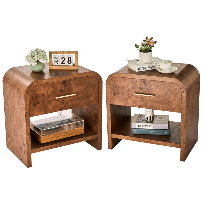 Modern Nightstand Set Of 2 Wooden Bedside Tables With Smooth Rounded Corner Design, Dark Burl