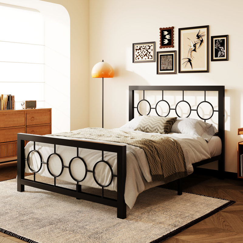Lit plateforme vintage en métal Avren avec tête et pied de lit, design géométrique, sommier non requis, Lit double, Noir