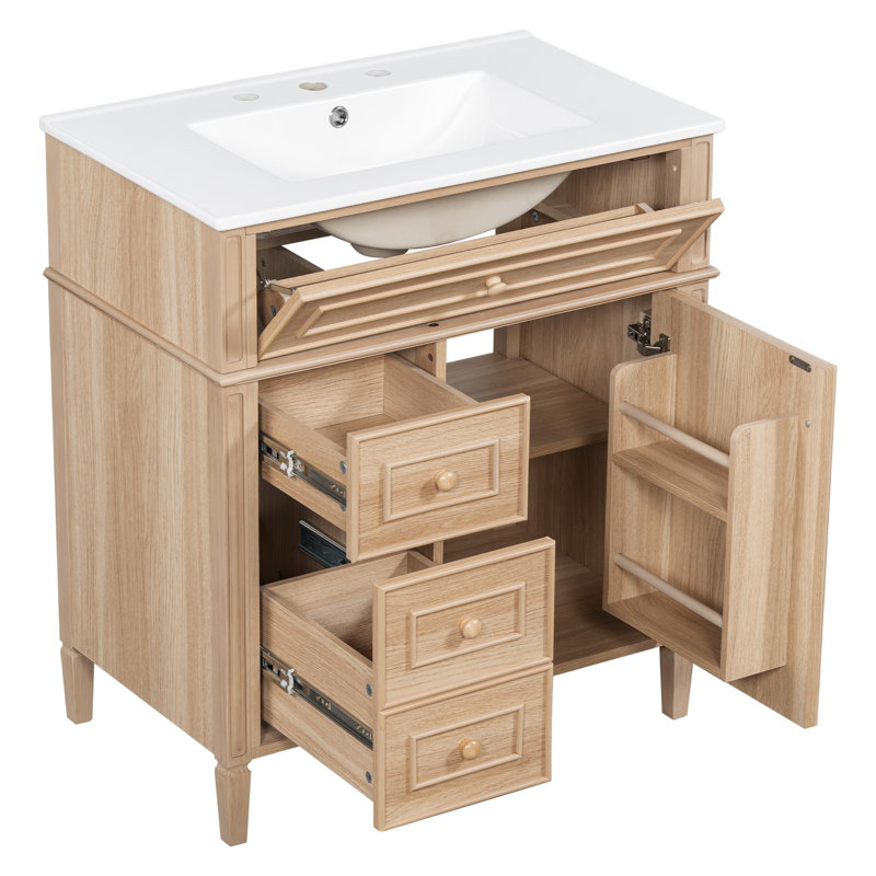 Meuble-lavabo en bois avec tiroirs rabattables, Bois clair, Bois clair