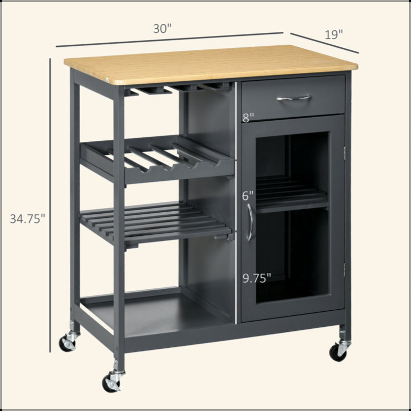 Îlot de cuisine roulant avec rangement, chariot de cuisine avec support à vin pour 4 bouteilles, chariot de bar avec porte-verres à pied, tablettes, tiroir et armoire