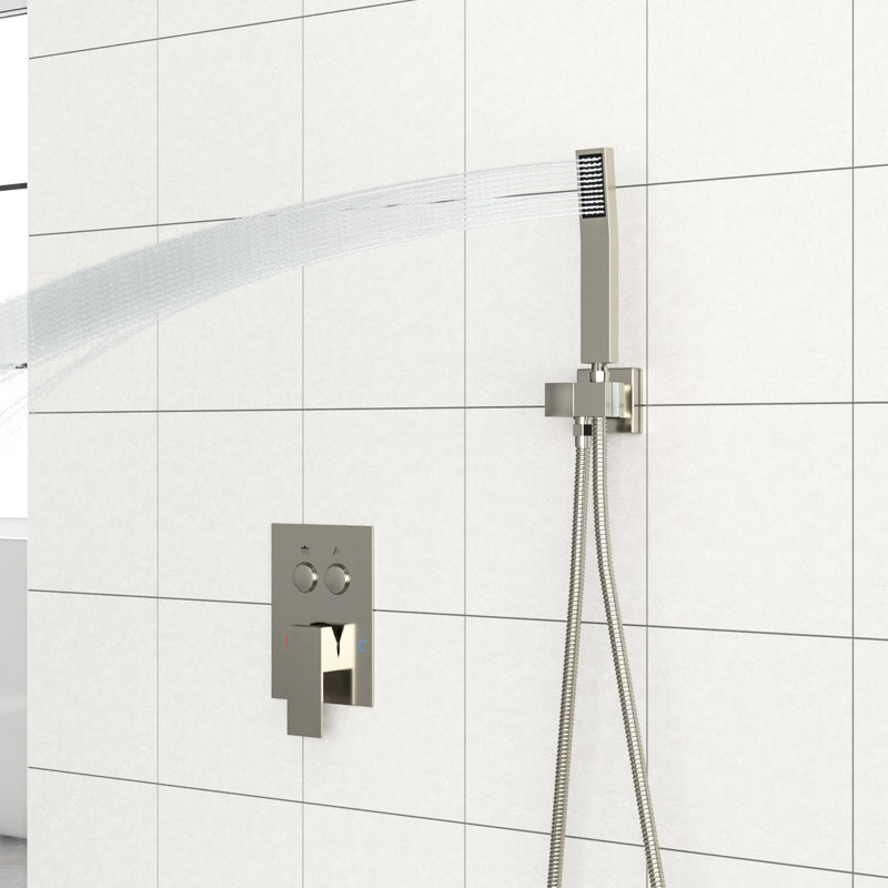 10 Inch Square Shower With Dual Head - Brushed Nickel, Valve, Rainfall & Handheld Spray Wall Mounted System Square, -Balanced