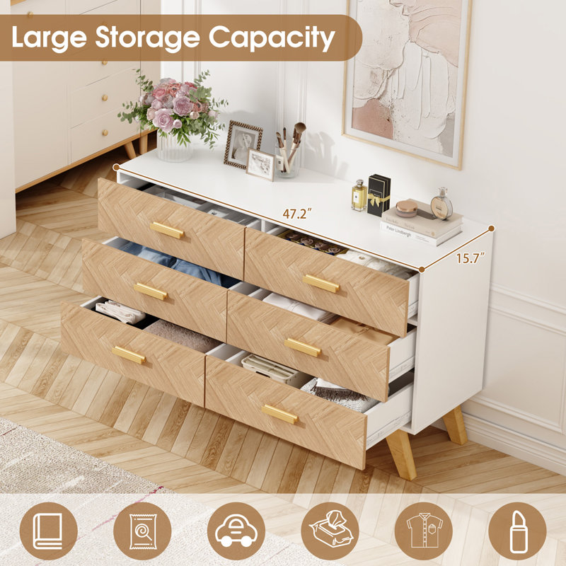 Wooden Double Dresser With 6 Drawers, 47.2" Large Dresser TV Stand For Bedroom,Closet, Hallway, White&Oak