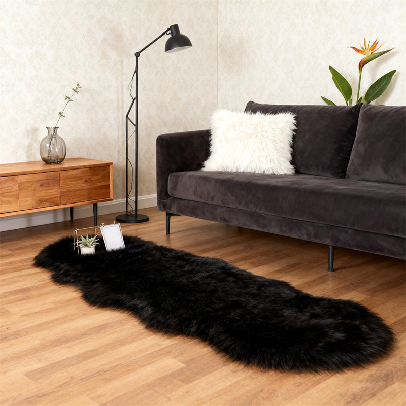 Soft Fluffy Black Faux Sheepskin Area Rug, Novelty 2' x 6'