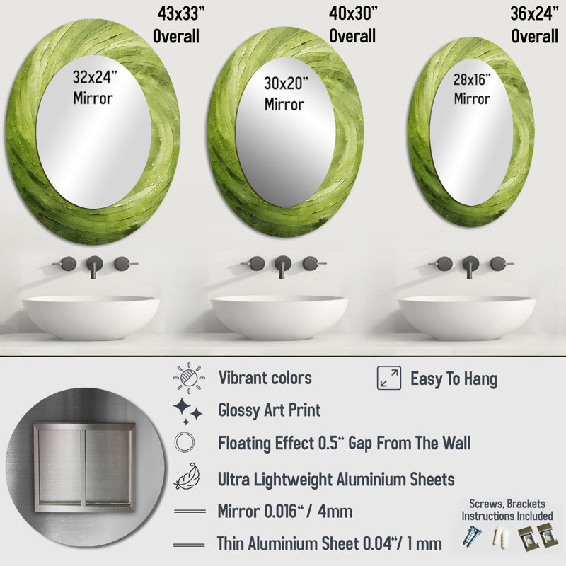 Green Orbit Spiral - Miroir mural ovale moderne vert, 36 po x 24 po