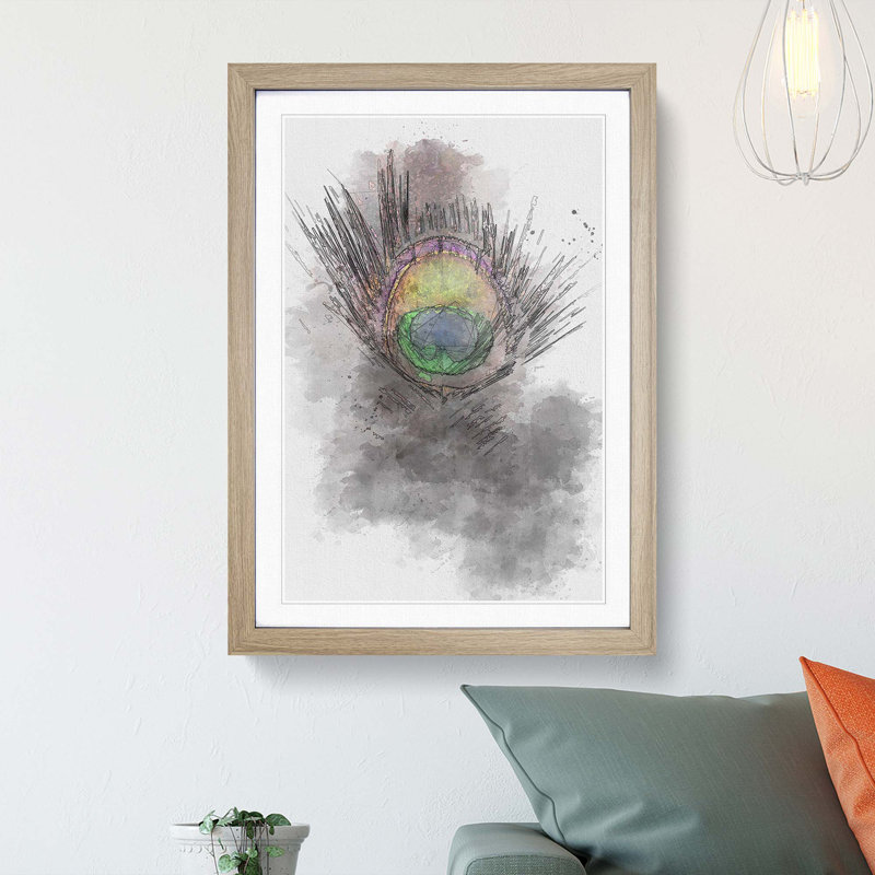 Purple Peacock Feather in Abstract - Picture Frame Graphic Art Print, Oak, 91cm H x 60cm W x 2cm D