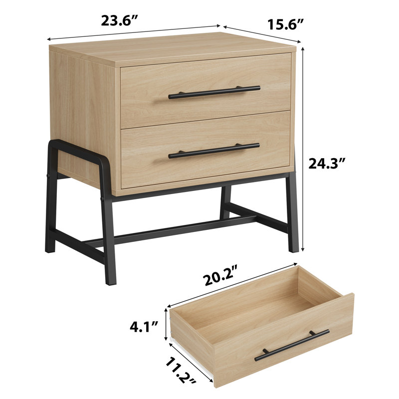 Farmhouse Nightstand with Drawers, Small End Table, Wooden Bedside Table with Metal Legs, Sofa Side Table, Rustic Storage Cabinet, 2 Drawer Dresser for Bedroom, Living Room