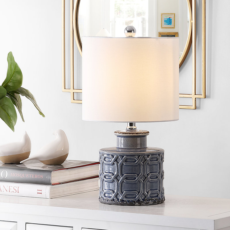 Blue Ceramic Table Lamp with White Drum Shade