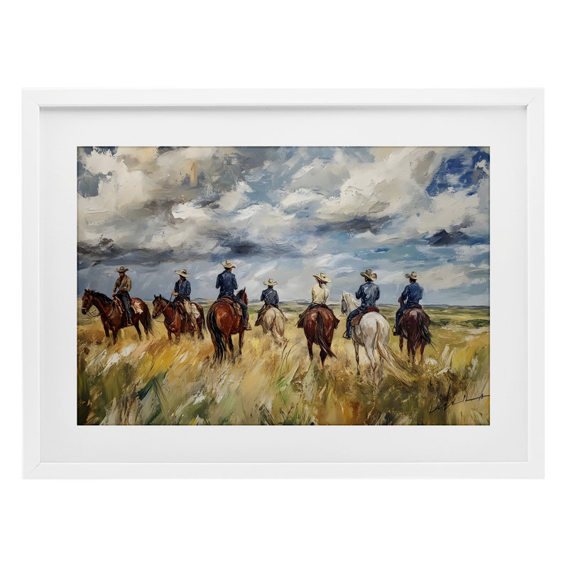 «Western Riders Herd», reproduction sous verre encadrée, design par Franklyn Gregory, H 17 po x l 23 po, Cadre blanc côtier