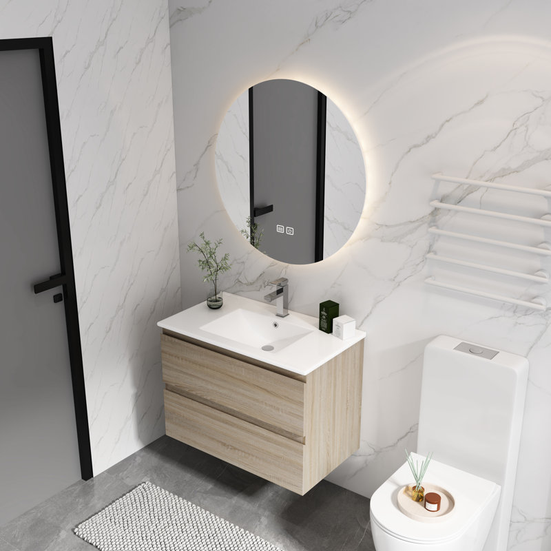 Meuble-lavabo mural en chêne 30 po avec lavabo en céramique et 2 tiroirs à fermeture en douceur - finition moderne, 30"