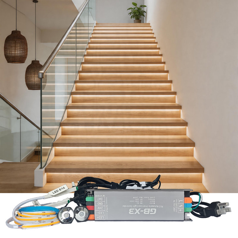 Éclairage de marche à DEL à mouvement intelligent avec lumière de marche à DEL télécommandée, éclairage d'escalier à luminosité réglable, nombre de pas de vitesse (12 étapes, 3000k)