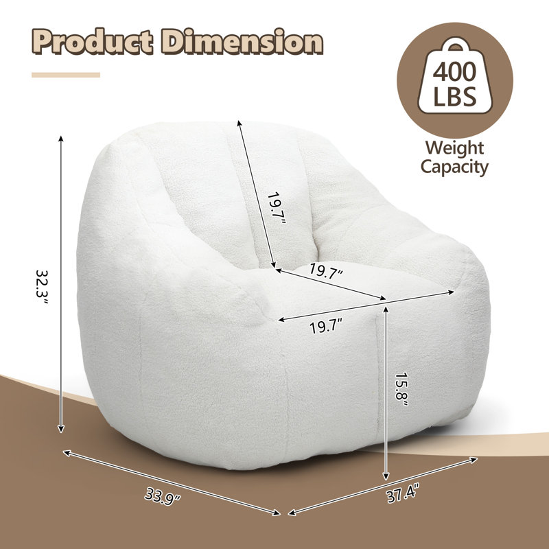 Compression Soft Teddy Fabric Tufted Memory Sponge Foam Filled Bean Bag Chair, White Teddy