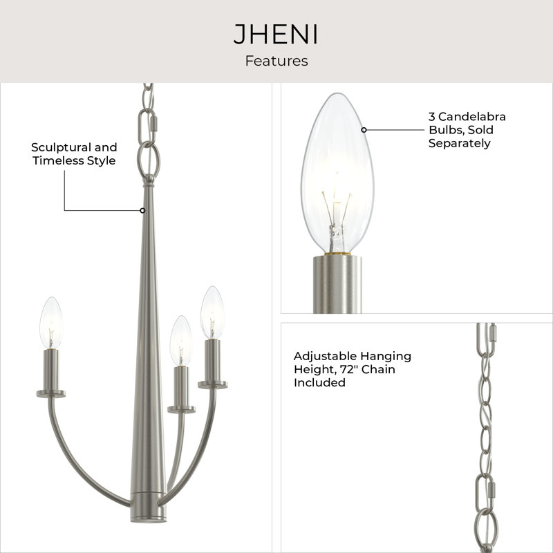 Jheni Three-Light Brushed Nickel Chandelier, Brushed Nickel, 12