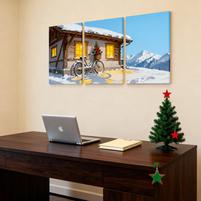 «Snowy Mountain Cottage» avec bicyclette et arbre de Noël, reproduction d'art sur toile tendue sur toile, ensemble de 3
