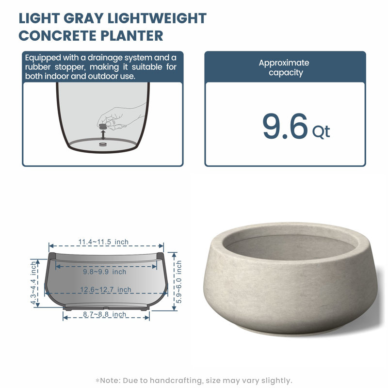 Medium Concrete Round Planter / Pot With Drainage Holes, Light Gray, 5.9" H x 12.6" W x 12.6" D