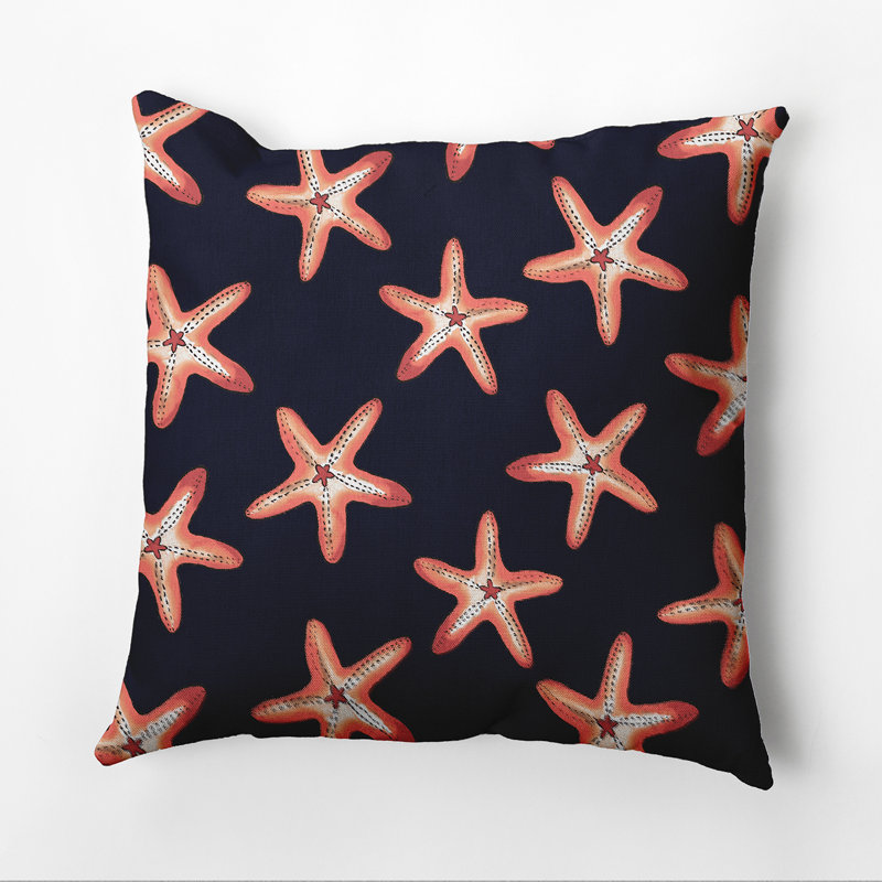 Beach Vacation Starfish Print Outdoor Square Pillow Cover & Insert, 18"x18", Navy Blue/Coral