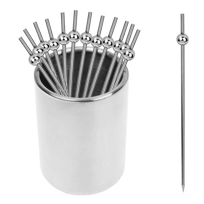  4.3" Metal Cocktail Picks 12Pack+Holder Kit,Premium 304 Stainless Steel Reusable Appetizer Skewers Set For Sandwiches, Bbq Snacks, Cocktails-Pearl Silvery