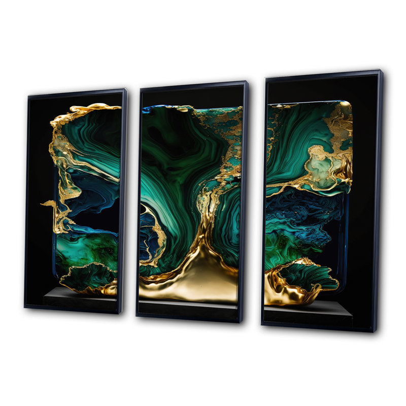 " Abstract Geode Marble Green And Blue I " 3 - Pieces, Black, 28" H x 36" W x 1" D