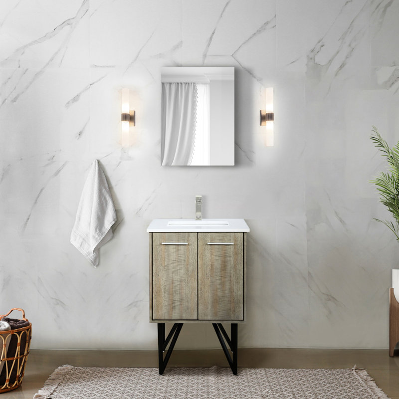 24 po Avec meuble-lavabo de salle de bain rustique avec surface en quartz blanc, miroir coulissant sans cadre de 18 po, fonction de fermeture en douceur et comptoir à tablette ouverte, armoire intérieure ronde