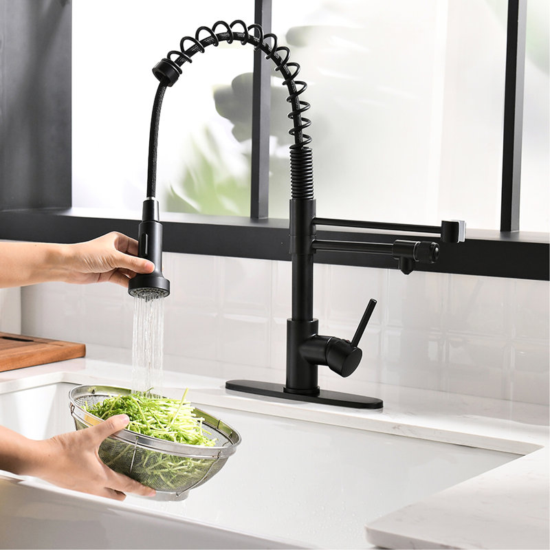 Matte Black Pull Down Water Filter Kitchen Sink Faucet With Roll Up Dish Drying Rack, 3 Way Drinking Faucet, Single Handle Dual Function Spray Head, Contemporary Style Made Of Solid Brass 44 Head And