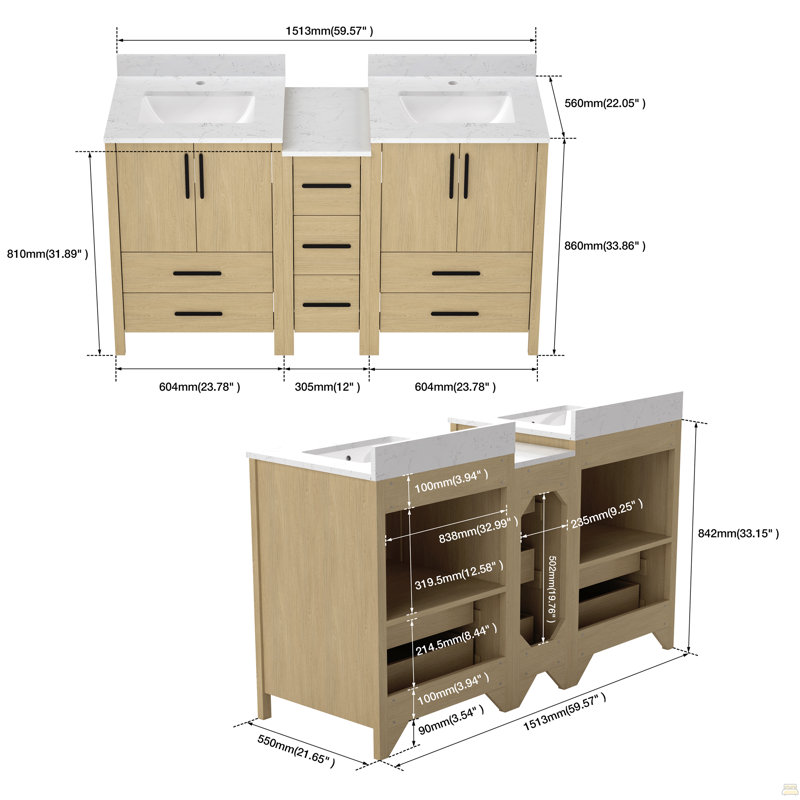 Armoire de meuble-lavabo double 60 po x P 22 po x H 34 po