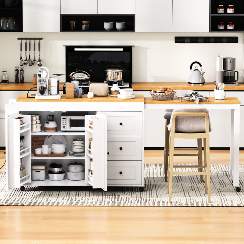 74.8" Kitchen Island With 27.6" Extendable Dining Area For 2, 3 Drawers, Built - In Power Outlet Ac And , Side Spice Rack, 2 Barn Doors, 7 Lockable Universal Wheels, White, Stable Expandable Surface,