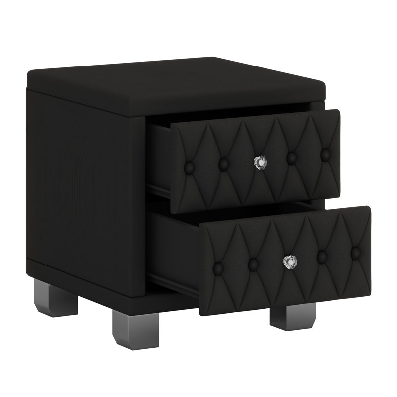 Elegant Button-Tufted Nightstand with Drawers, Crystal Handle, and Storage Design, Black