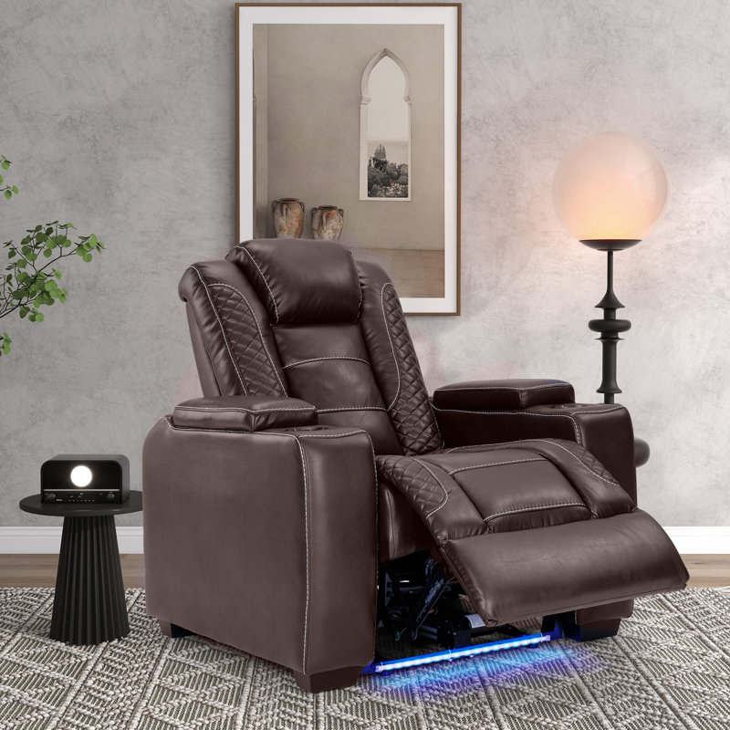 39'' Adjustable Headrest Power Recliner Man Cave Home Theater Chair With Cup Holders USB LED (Set of 8), Brown