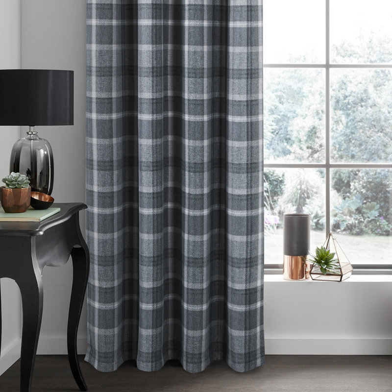 100% Blackout Curtains Check Eyelet Curtain Bedroom Plaid Woven Brushed Cheque Pair of Highland Woolen Look Window Treatment for Living Room Beige 46 * 54 Inches