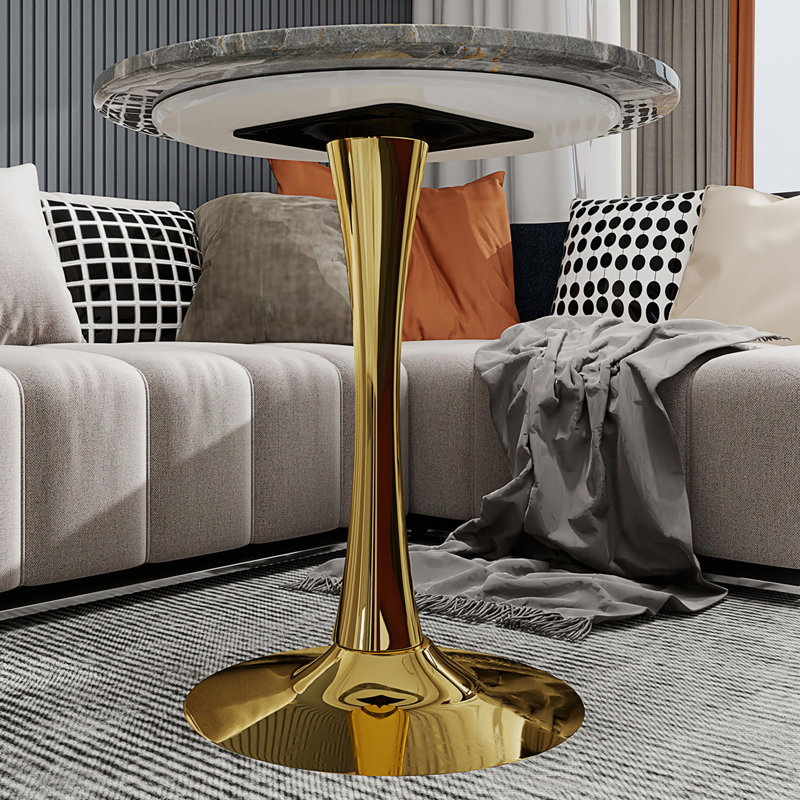 Table d'appoint ronde avec base piédestal, Blanc, Pierre grise foncé