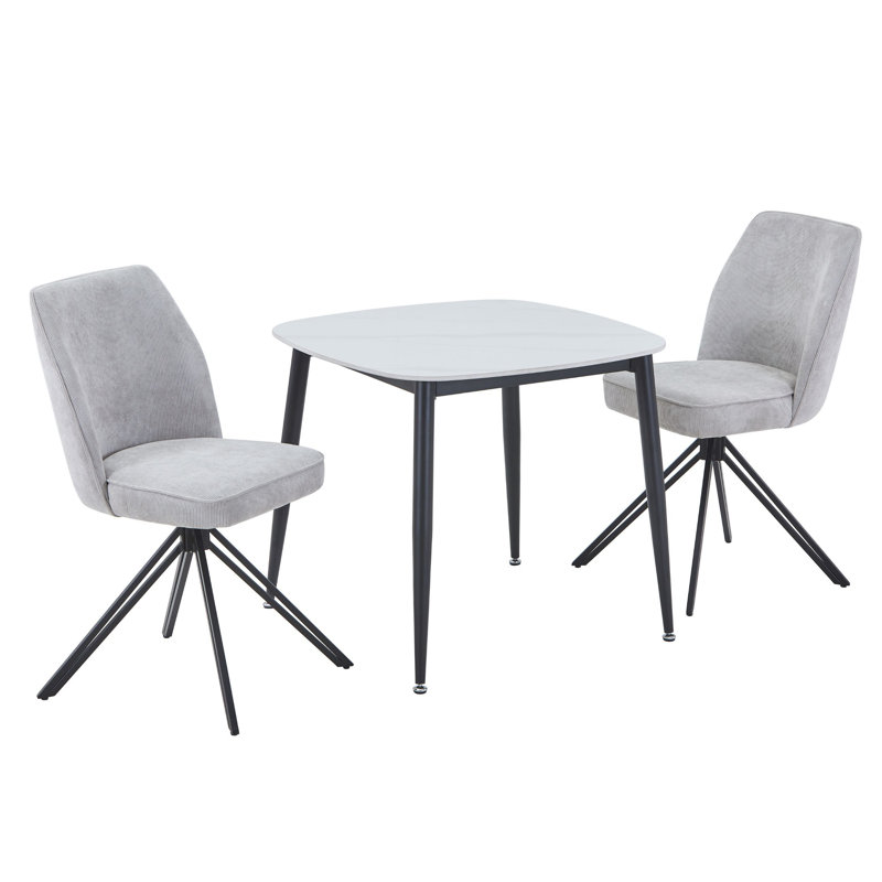 Aspen Gloss White Sintered Stone Square Table with 2 Swivel Upholstered Fabric Chairs - Modern Dining Set, Light Grey