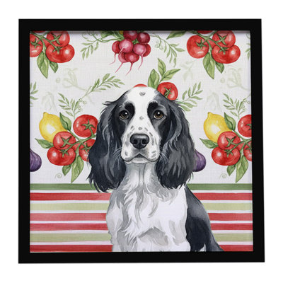Black and White English Springer Spaniel Vegetables Framed Metal Print