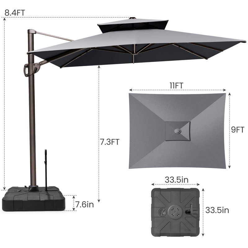 Parasol rectangulaire en porte-à-faux 9 pi x 11 pi, base de contrepoids incluse - déplaçable sans effort par une seule personne