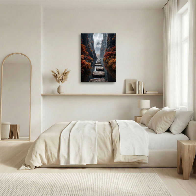 «Stepping Stones Across Autumn River In Misty Canyon», art mural sur toile, H 24 po x l 16 po