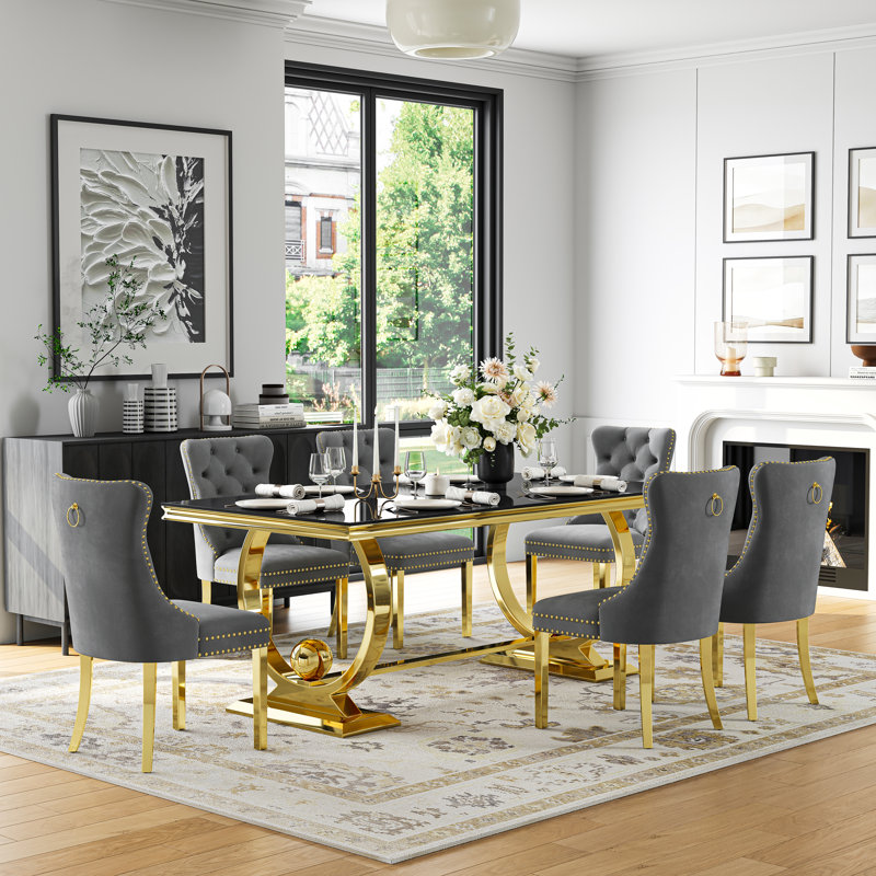 70" Glass Dining Table Set Of 7, Double U-Shaped Polished Stainless Steel Base, 10Mm Thick Tempered Glass Top And Velvet Upholstered Nailhead Chairs