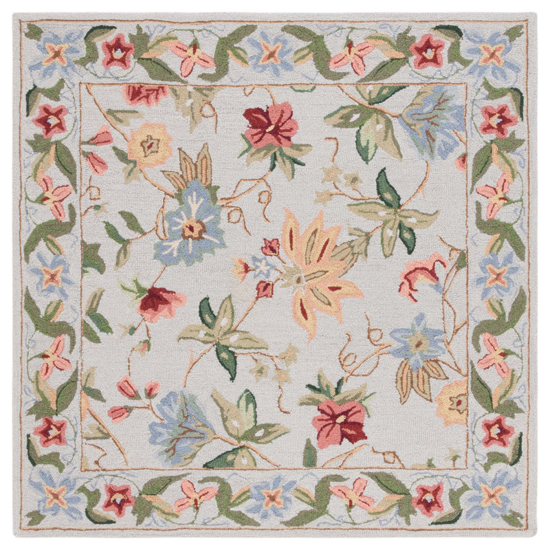 Tapis en laine bouclé / crocheté à la main à motif floral Sapin beige / vert / rouge, Carré 7 pi