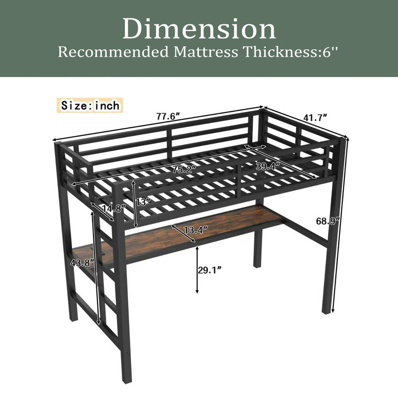Metal Twin Size Loft Bed With Power Outlet And LED Lighted, Space-Saving, Noise Reduced