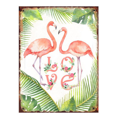 Décoration murale en métal flamant rose love