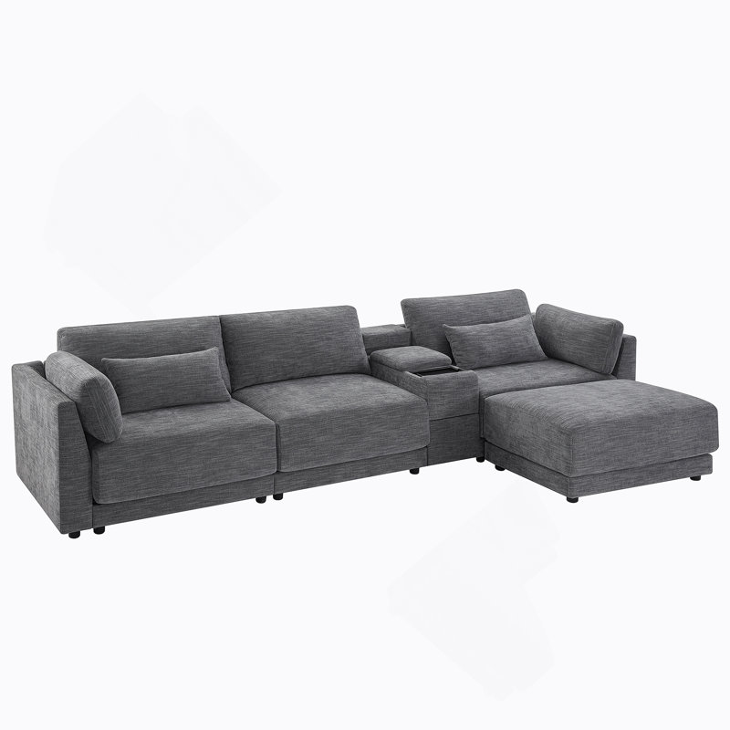 Canapé modulaire en forme de L de 124 po avec console de rangement multifonctionnelle, chargeur câblé et sans fil, repose-pieds mobile, coussin plus large et plus épais, combinaison libre pour le salon et l’appartement, chenille