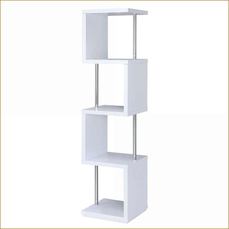 Bibliothèque, blanc neige à 4 niveaux Chrome argenté | Peu encombrant | Bois et métal | Moderne